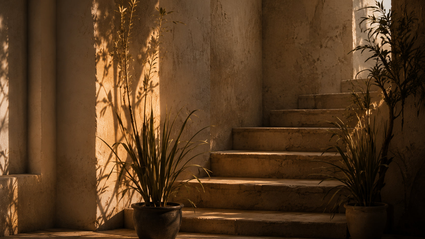 Stone steps with potted plants in golden sunlight