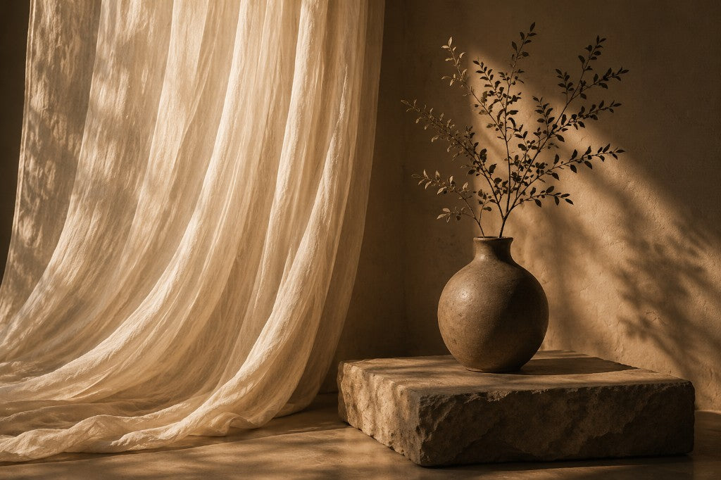 Ceramic vase on travertine stone with warm sunlight and natural linen