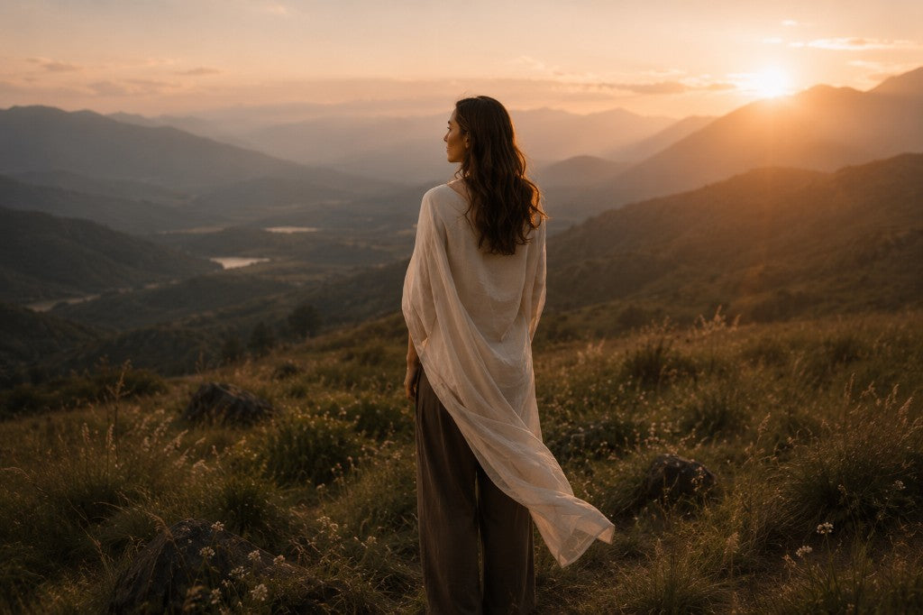 Woman overlooking a mountain landscape at golden hour