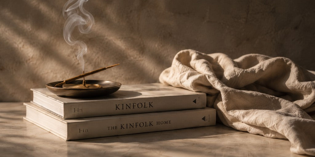 Kinfolk books stacked with incense on marble and soft natural linen