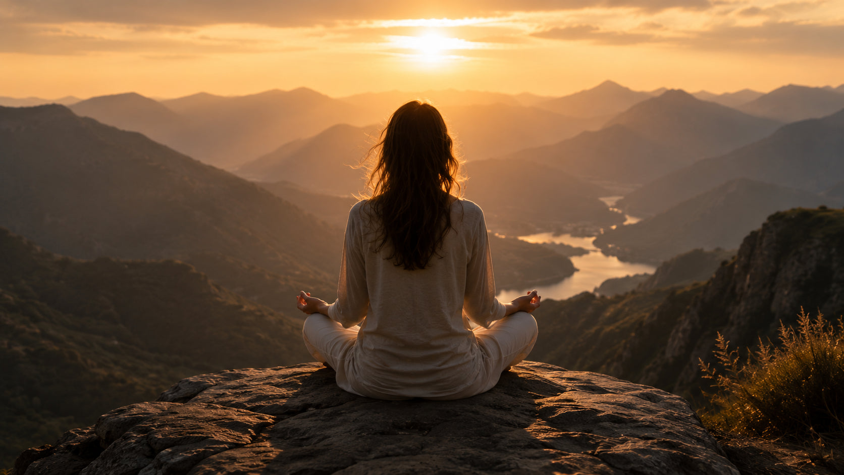 Meditative figure facing a golden sunset over mountains