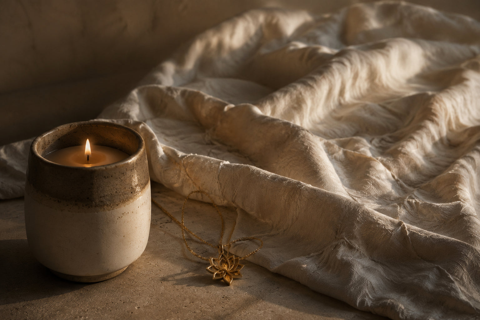 Candlelight on natural linen with warm shadows
