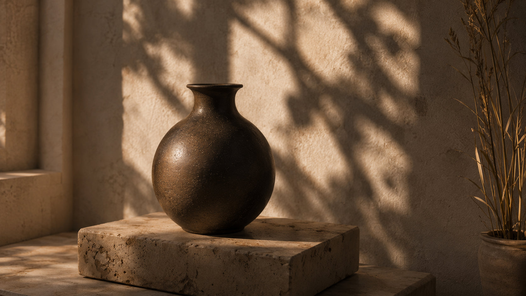 Ceramic vessel on travertine stone in morning light