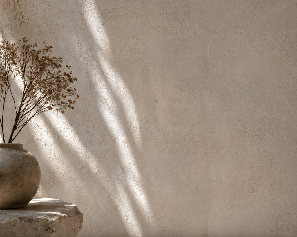 Ascension studio with a ceramic vase and botanical shadows