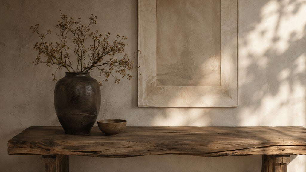 Ascension studio with a ceramic vase and botanical branches on a natural oak table